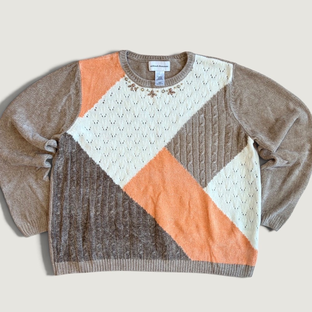Alfred Dunner Colorblock Beaded Pointelle Cable Knit Sweater Tan Coral Brown L